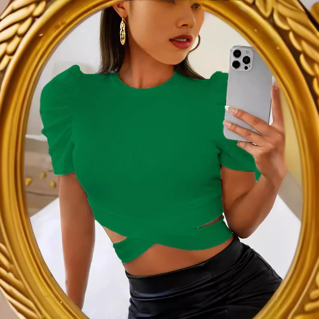 Solid Color Rib Fabric Slim Elastic Thread Round Neck Puff Short Sleeve view 4