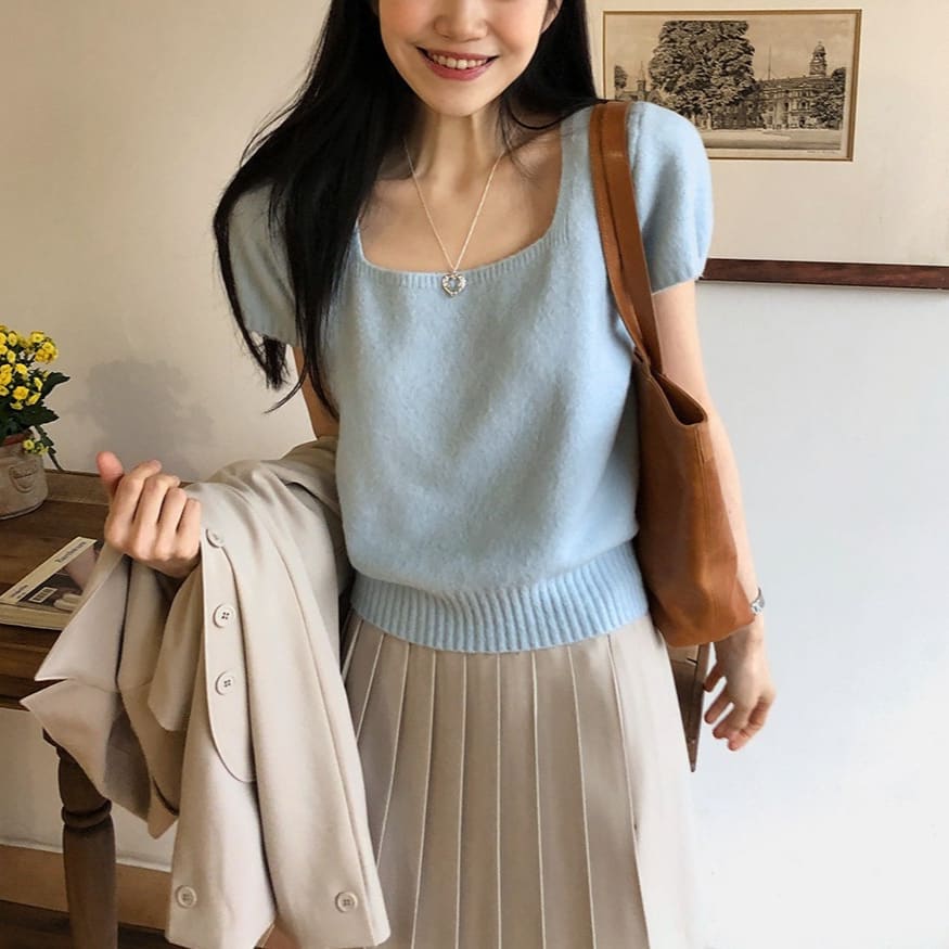 Solid Color Fashion Temperament Square Collar Pullover Short Sleeve Sweater view 10