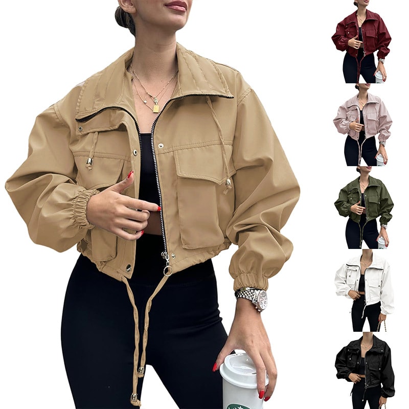 Solid Color Women's Short Jacket Zipper Trench Coat view 7