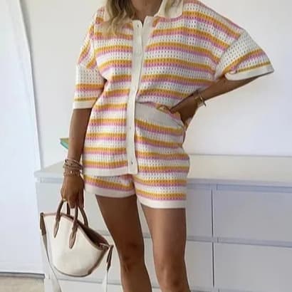 Contrast Color Top Lapel Shirt Striped Shorts Suit view 8