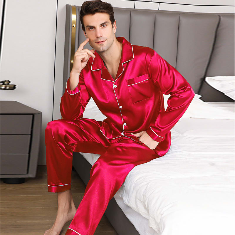 Ice Silk Men's Long Sleeve Loose Plus Size Pajamas Suit view 4