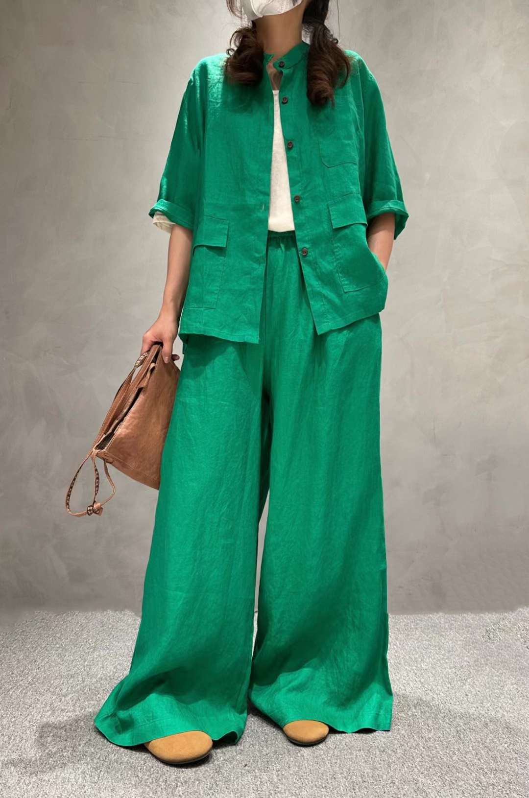 Solid Color Linen Suit Half Sleeve Shirt Casual Pants view 7