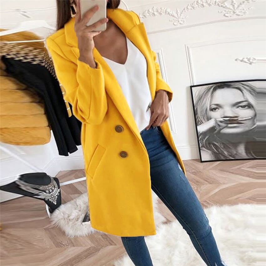 Solid Color Polo Collar Mid-length Button Woolen Coat view 4
