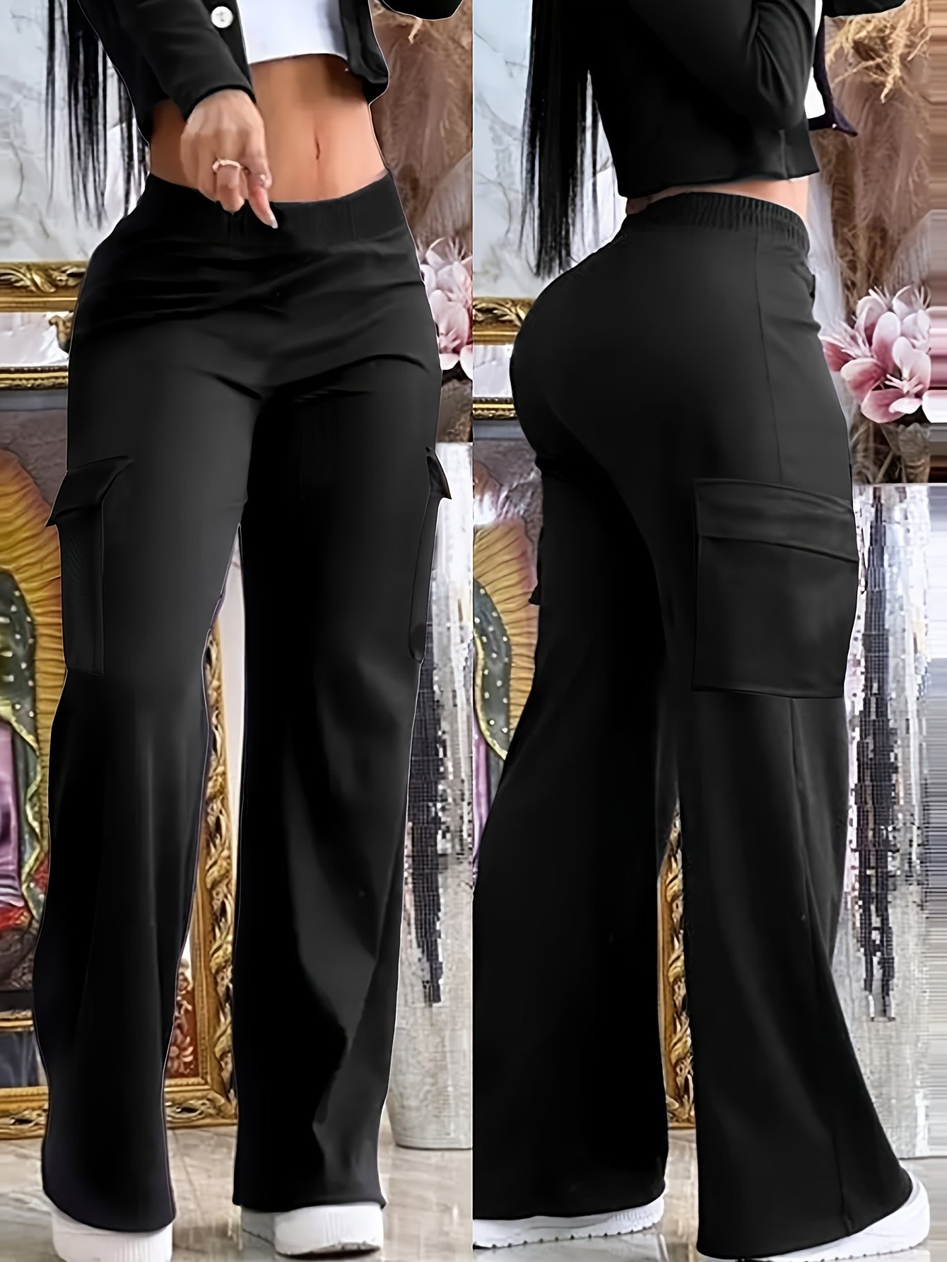 Black Wide Leg Multi-pocket Comfortable Trousers view 11