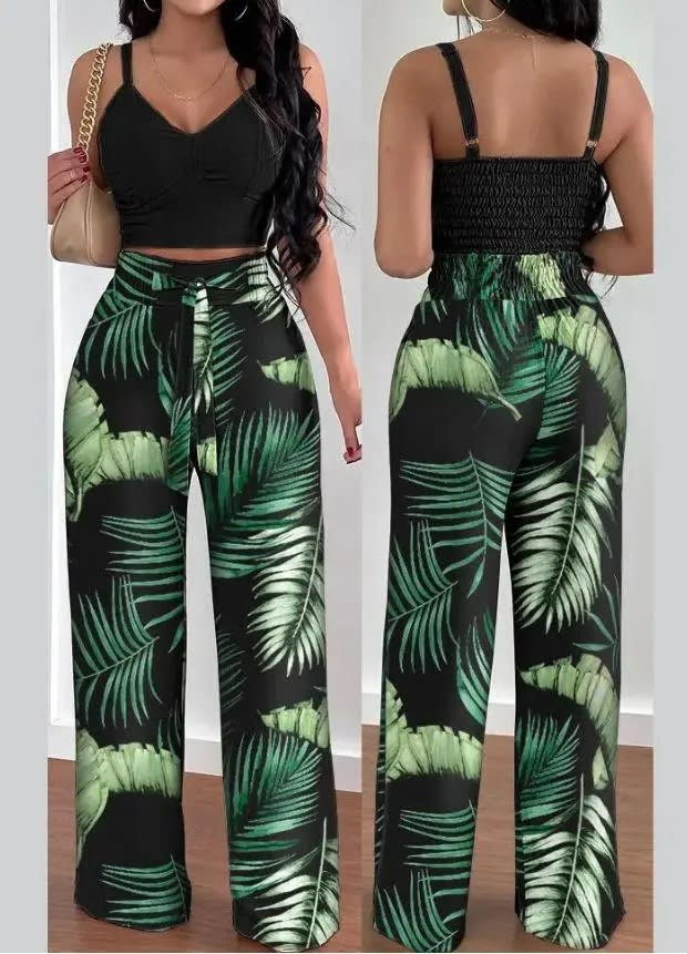 Women's Solid Color Slim Elastic Pleated Two-Piece Suit Sexy Spaghetti Strap V-neck Backless Vest High Waist Wide Leg Pants Suit view 9