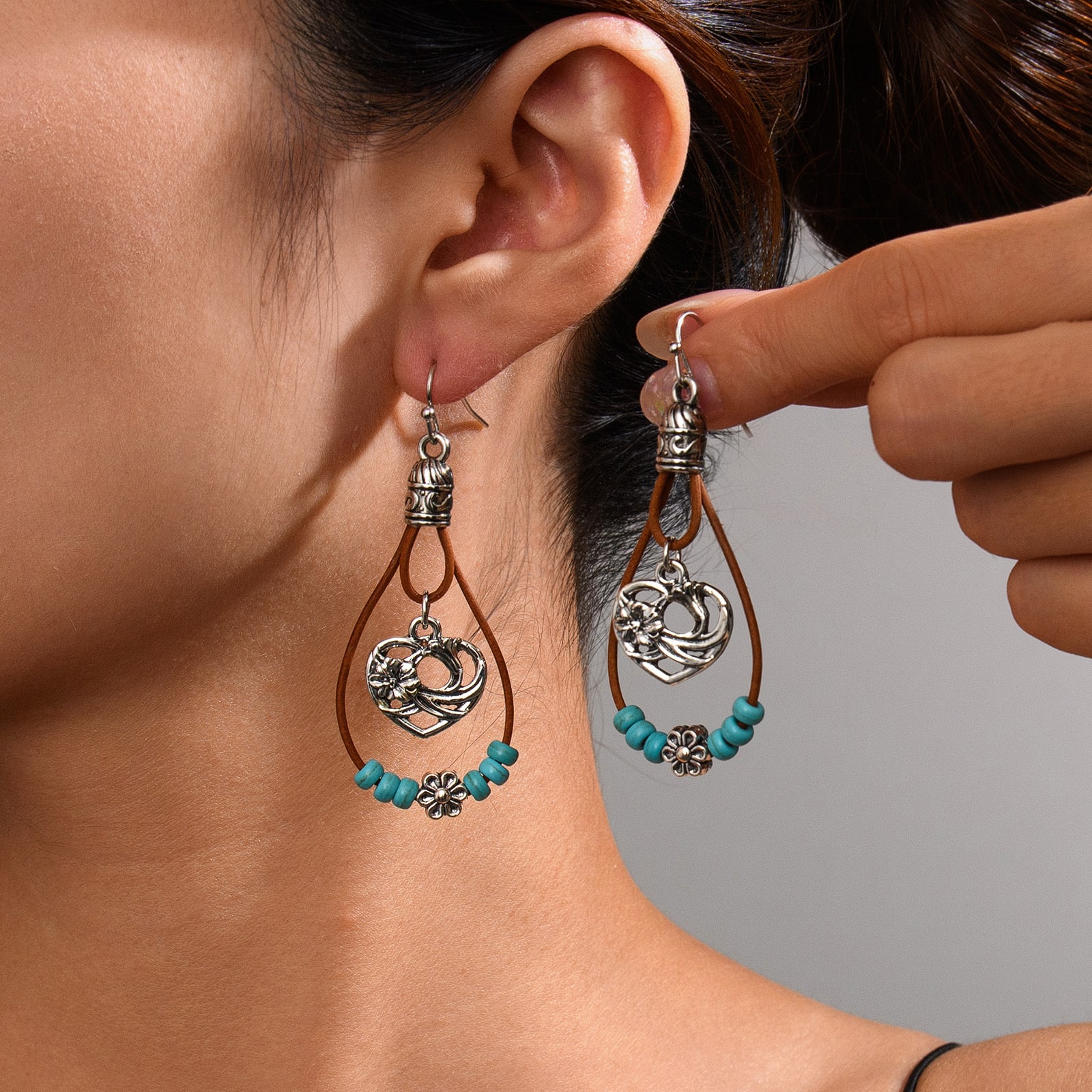 Vintage Earrings Ethnic Style Antique Silver Flower Turquoise Rope Pendant Women's Jewelry view 4