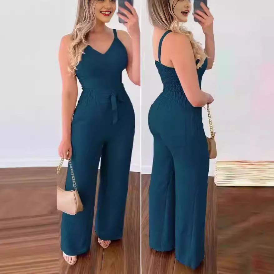 Women's Solid Color Slim Elastic Pleated Two-Piece Suit Sexy Spaghetti Strap V-neck Backless Vest High Waist Wide Leg Pants Suit view 11