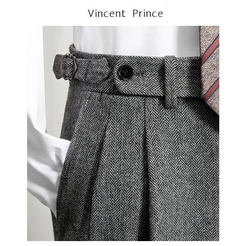 Men's Wool Herringbone Casual Straight Trousers view 1