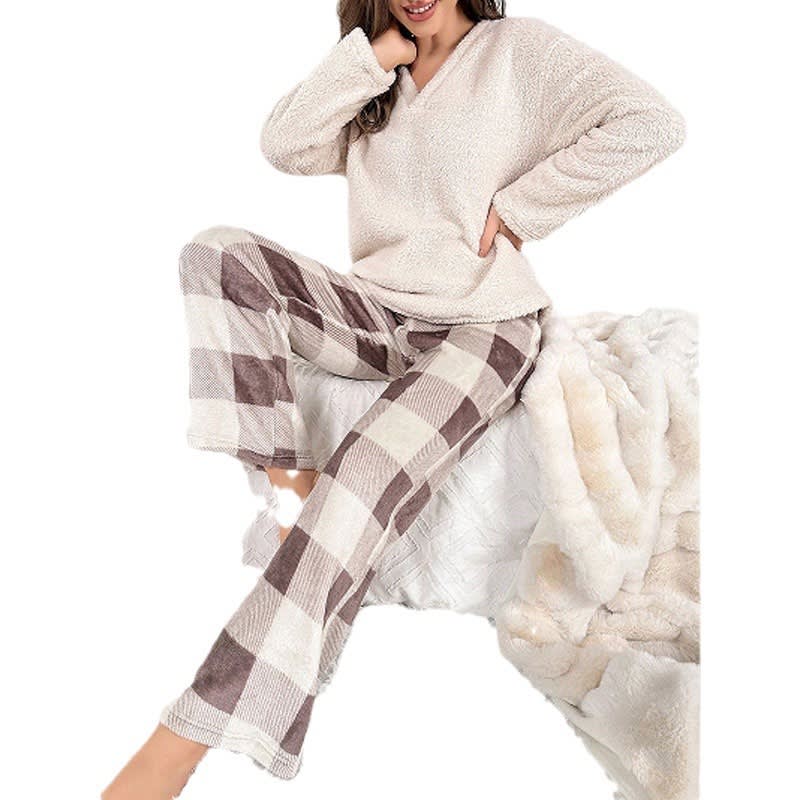 Thermal Flannel Home Wear Loose Plaid Trousers Two-piece Suit view 4