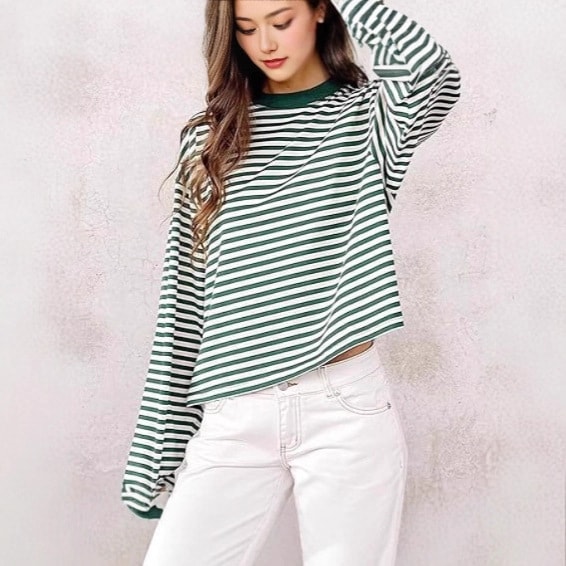 Casual Loose All-match Retro Contrast Color Striped Long-sleeved Top view 11