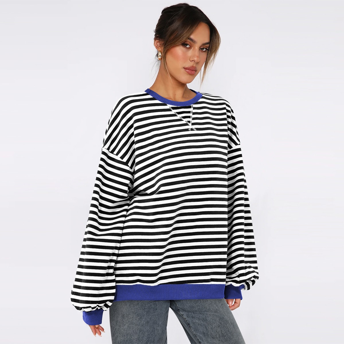 Women's Fashion Round Neck Striped Sweater Loose Bishop Sleeves Top view 5