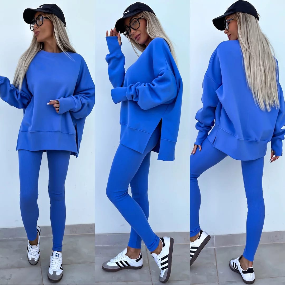 Sweater Suit Women's Casual Loose Long Sleeve Crew Neck Split Top Tight Trousers view 3