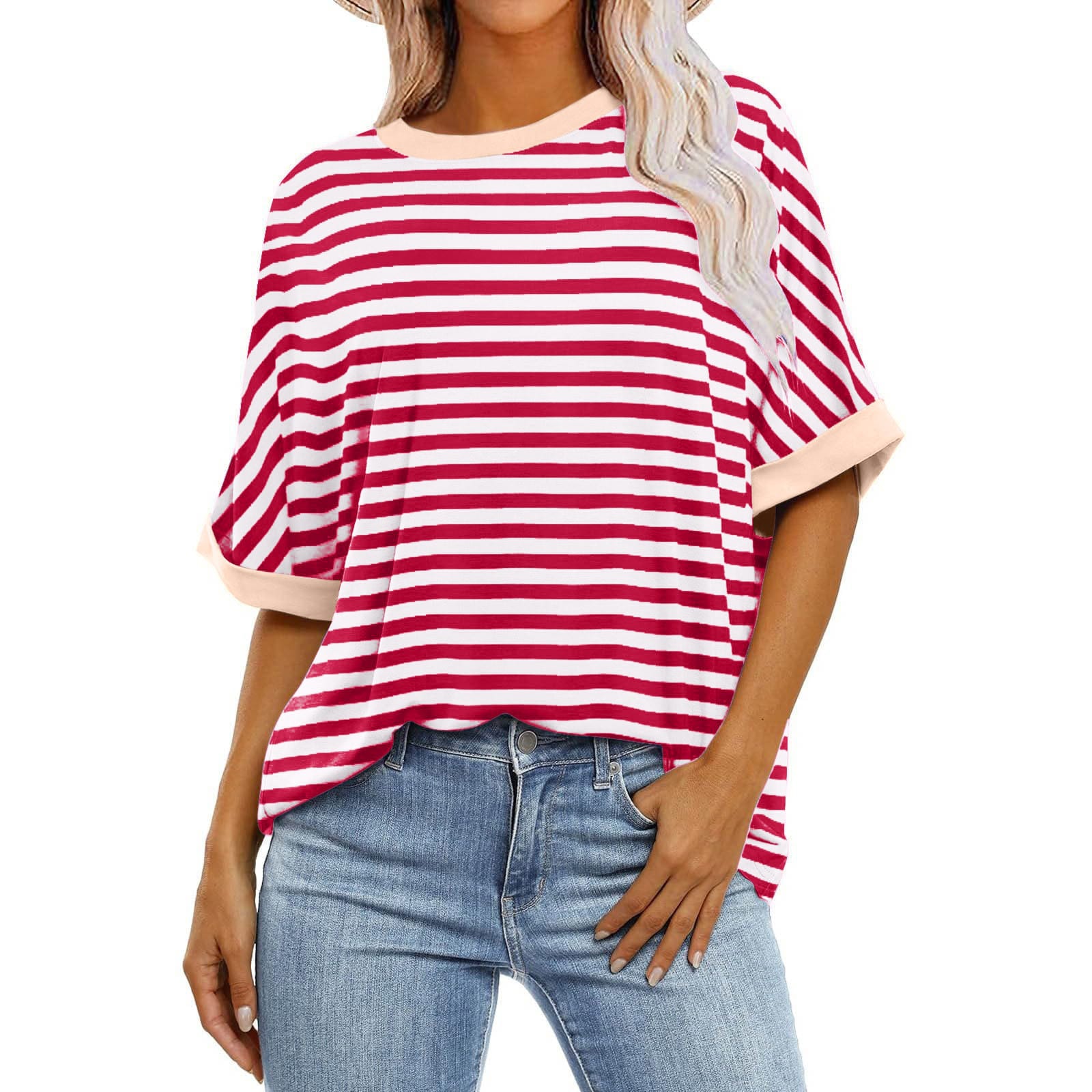 Women's Striped Printed Loose Color Matching Short Sleeve view 7
