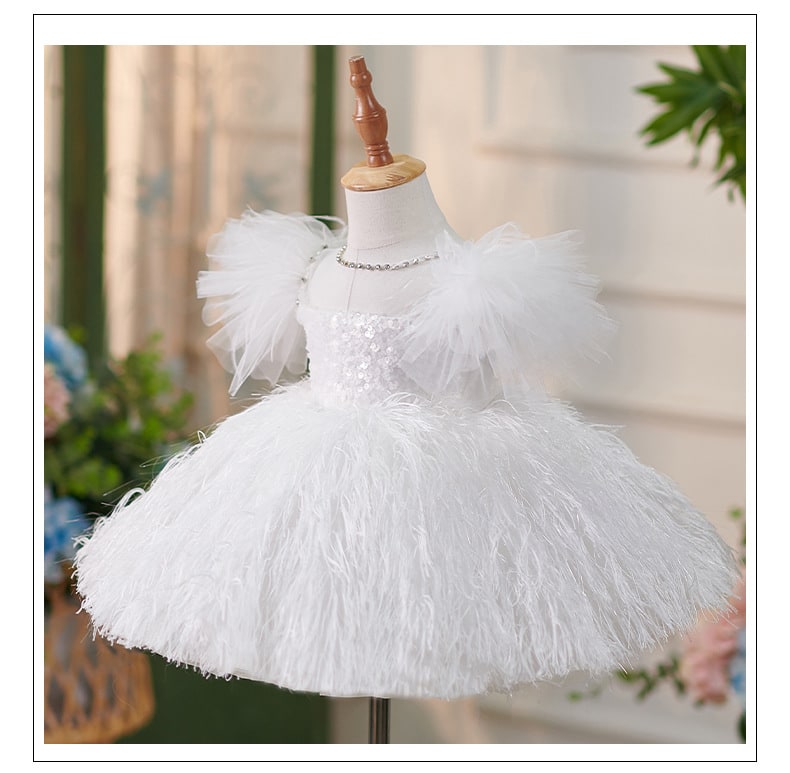 Girls Sequins White Flying Sleeves Feather Dress view 5