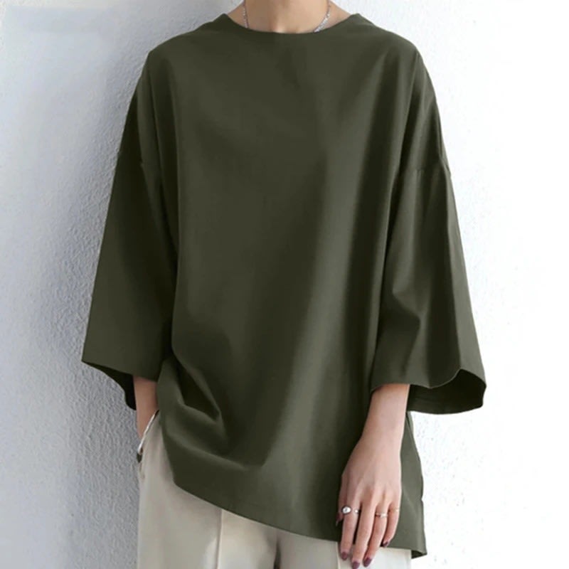 Women's Spring And Summer Solid Color Crew Neck Split Long Sleeve Loose Top view 3