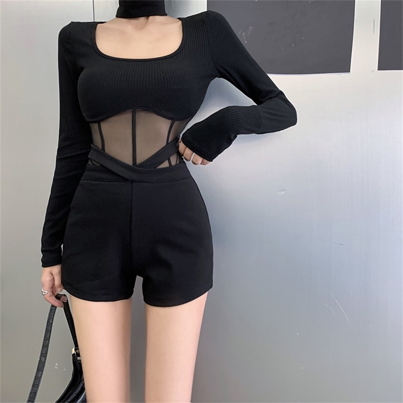 Mesh Slim Fit Sexy Hot Girl Fishbone Bottoming Shirt One-piece Scarf Detachable view 2