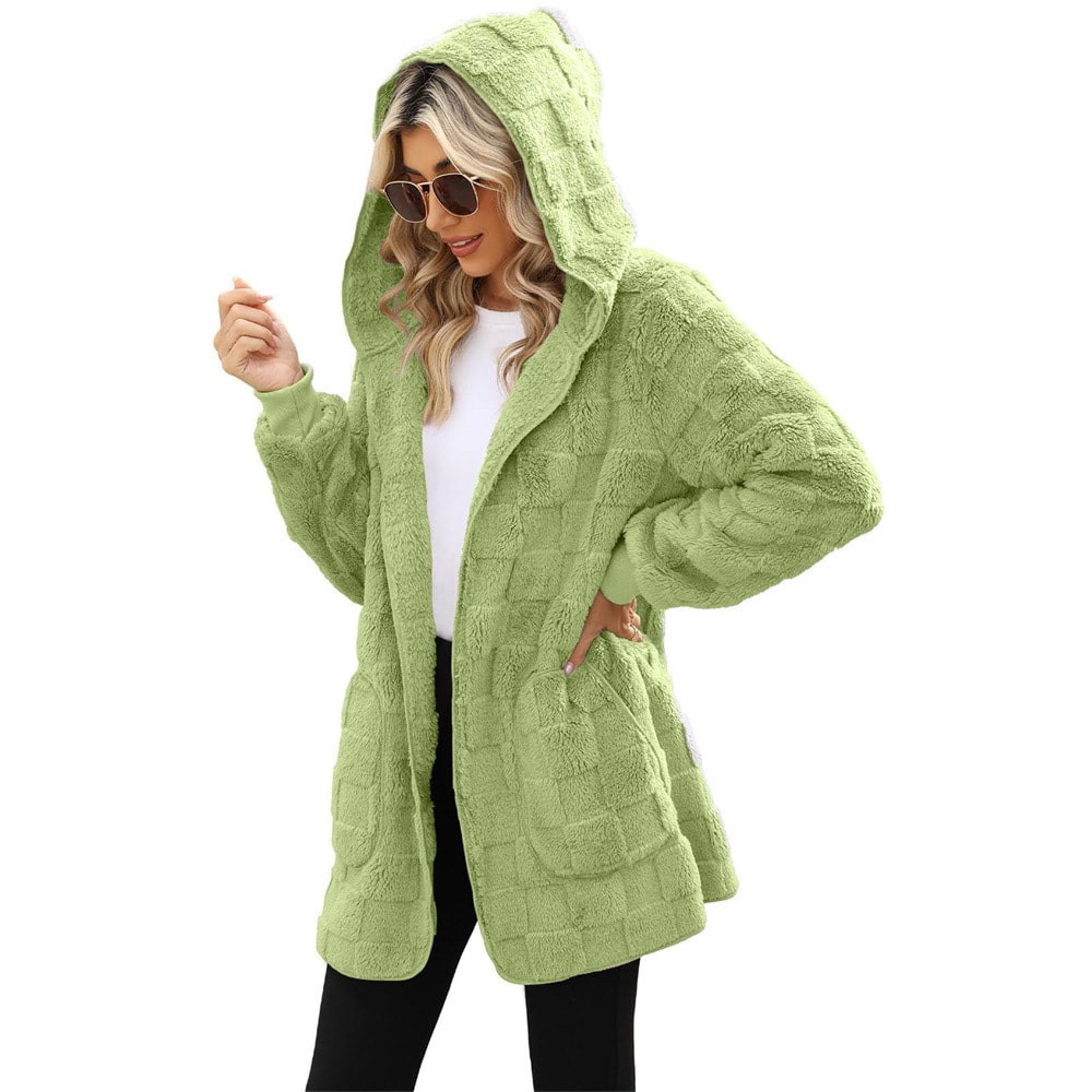 Cardigan Plaid Jacquard Hooded Pocket Plush Cardigan Jacket view 11