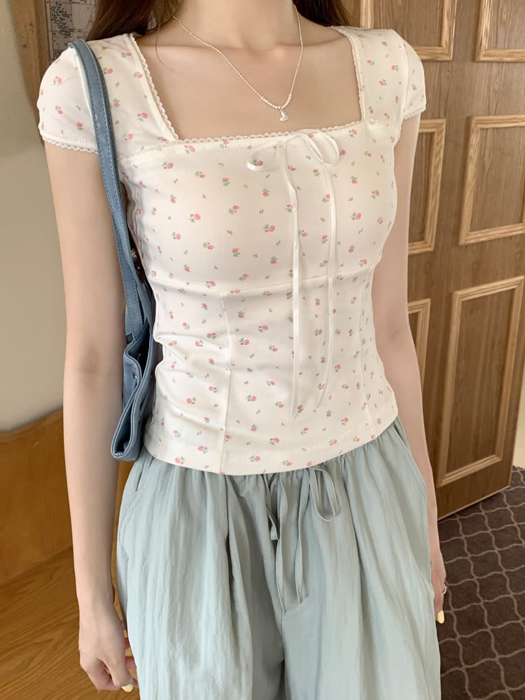 Women's Summer Slim Fit Niche Chic Square Collar Short Sleeve T-shirt Top view 31