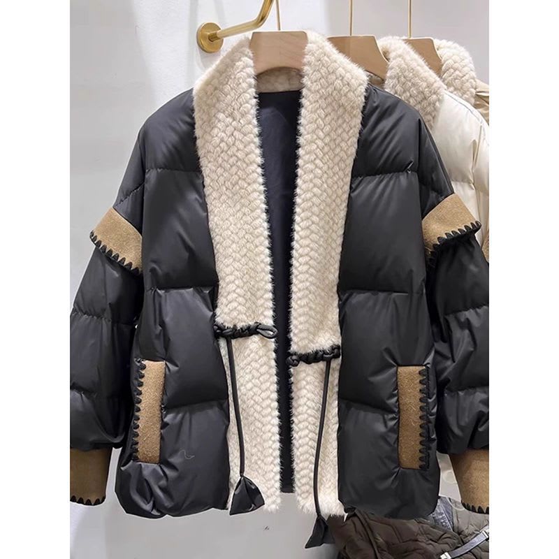 V-neck Frog Button Stitching Furry Padded Down Jacket Cotton-padded Coat view 5
