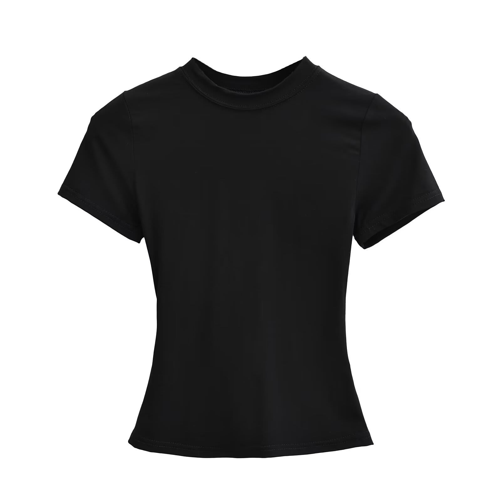 Solid Color Small Round Neck Elastic Shoulder Short Sleeve T-shirt Basic Style Waist-tight view 9