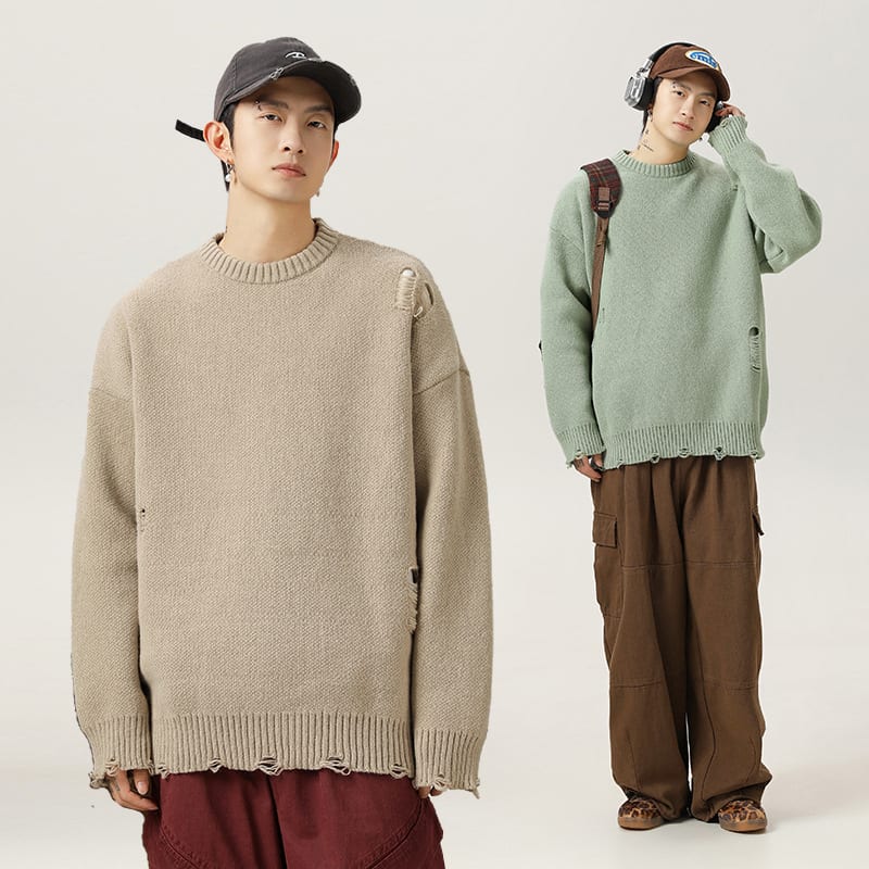Retro Hollow-out Ripped Design Round Neck Sweater