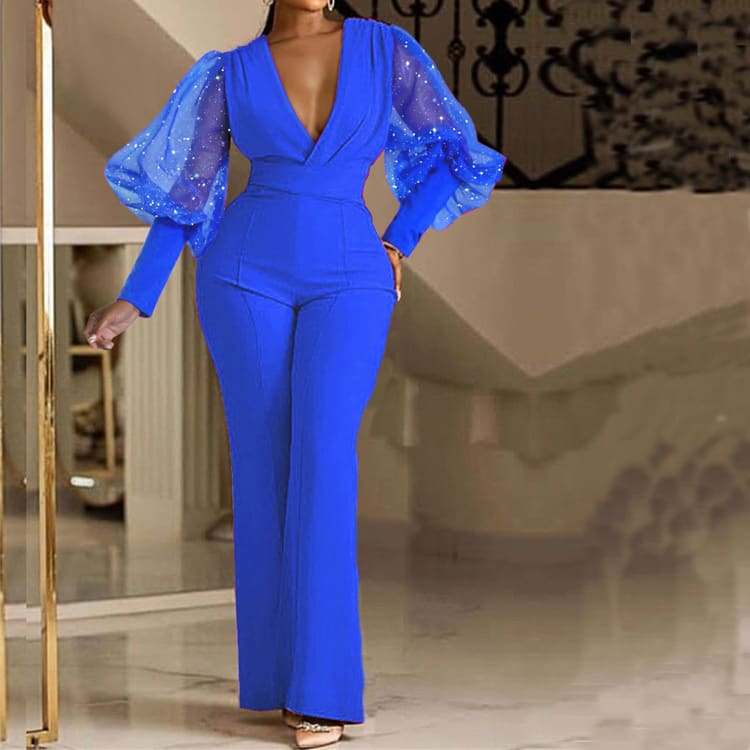 Mesh Stitching Long Sleeves Slim Wide Leg Jumpsuit view 2
