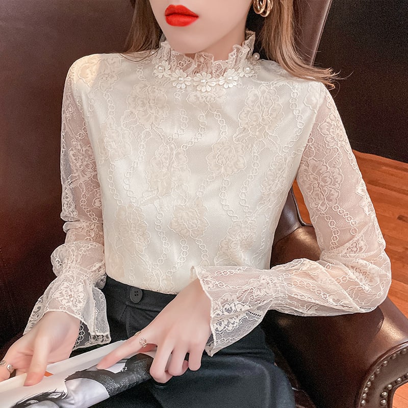 Fashion European Fleece-lined Thick Lace Bottoming Shirt Western Style Chiffon Small Shirt For Women view 6