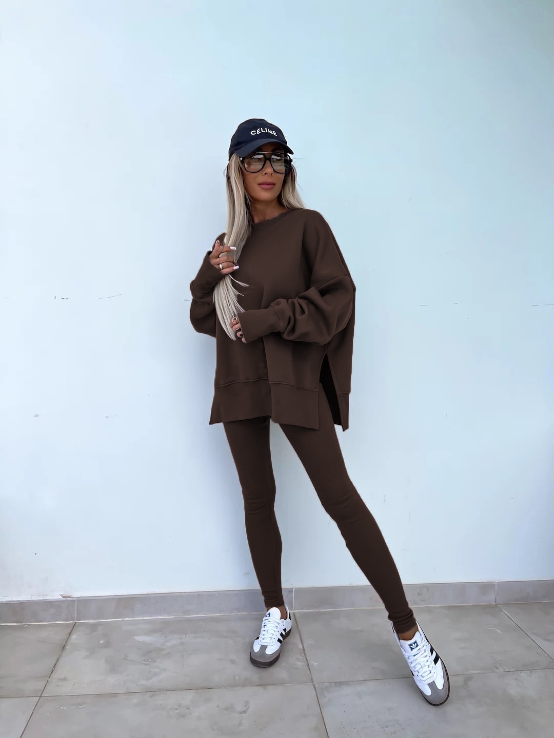 Sweater Suit Women's Casual Loose Long Sleeve Crew Neck Split Top Tight Trousers view 20