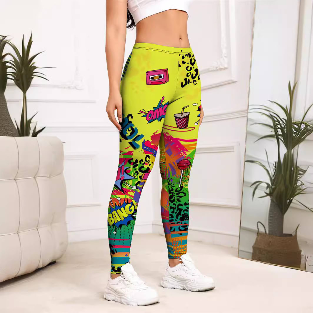 Yellow Cartoon Printed Sports Slim-fitting Leggings view 3