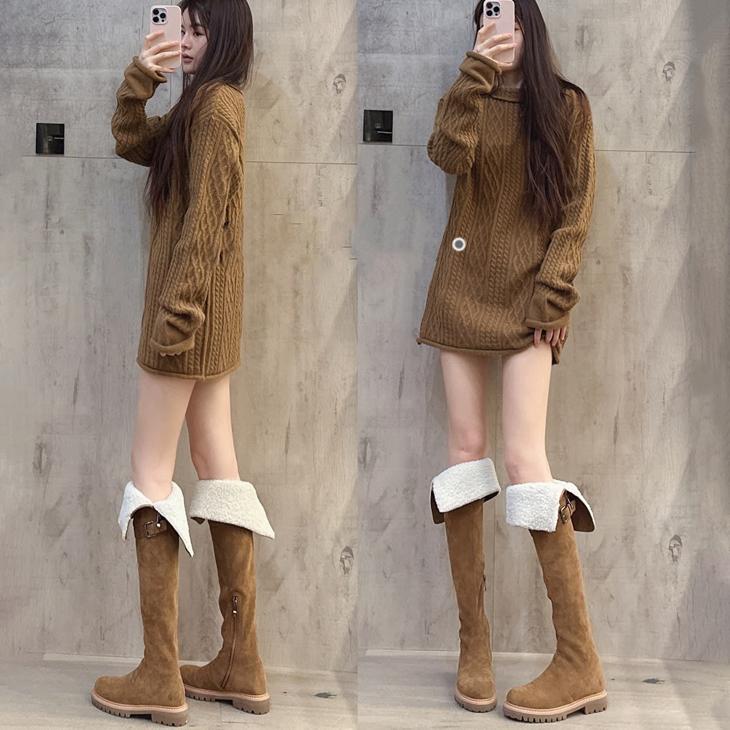 Fleece-lined Warm Brown Flat Over The Knee Tall Knight Boots view 5