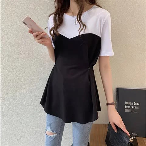 All-matching Graceful Fake Two-piece Mid-length Short-sleeved T-shirt view 5
