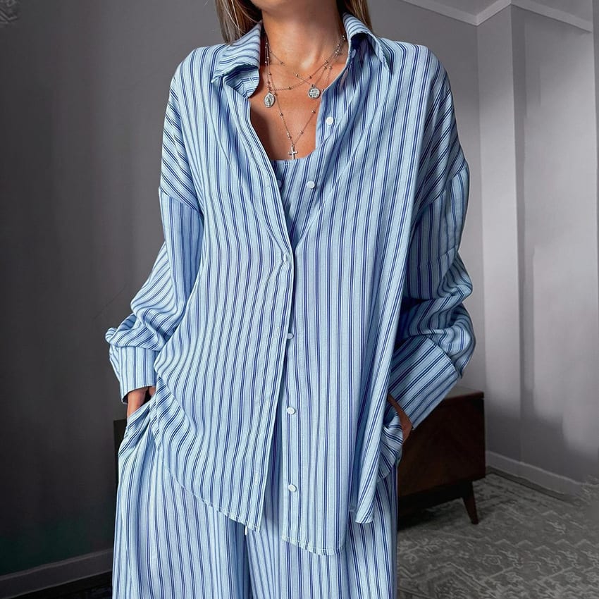 Women's 3 Piece Suit Y2K Aesthetic Striped Tank Top Long Sleeve Shirt And Elastic Waist Stretch Trousers For Casual Wear