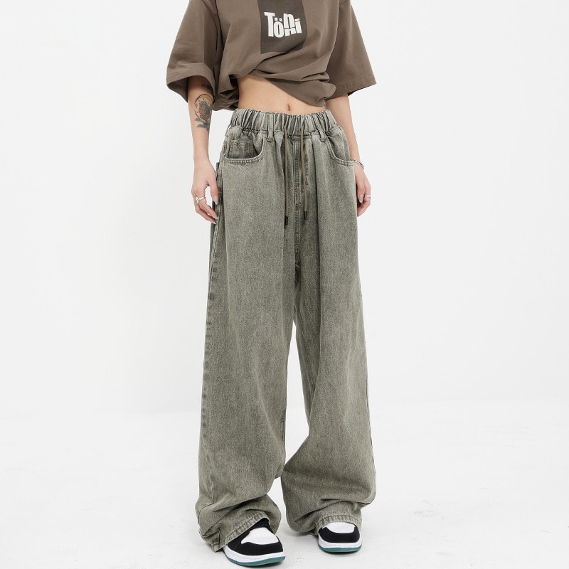 Retro Worn Looking Washed-out Drawstring Jeans For Women view 5