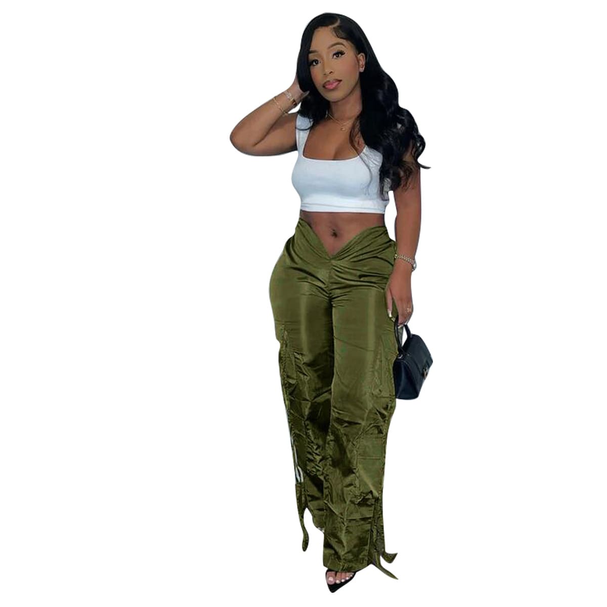 Women's Zipper Closure Strap Solid Color Green Casual Trousers view 15