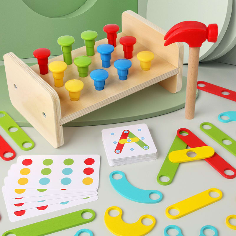 Two-in-one Pile Bridge Platform Nail Table Toy Children's Wooden Puzzle Pile Suit view 5