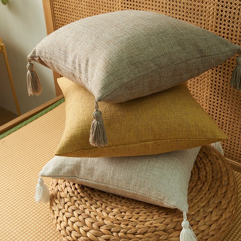Japanese Solid Color Cotton Linen Fringe Pillow view 8