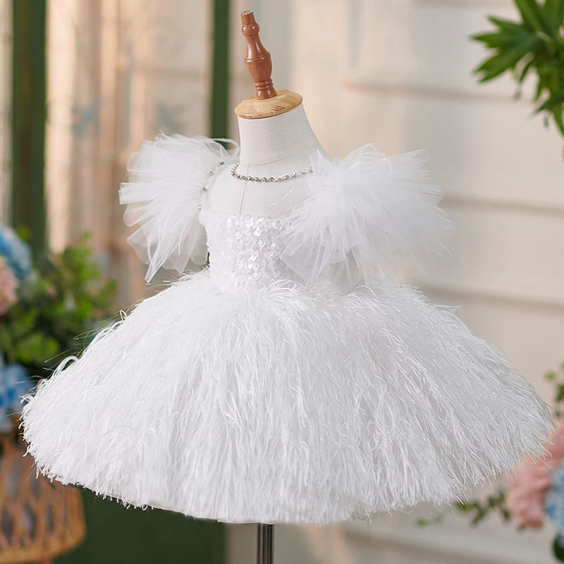 Girls Sequins White Flying Sleeves Feather Dress view 12
