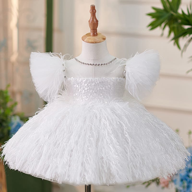 Girls Sequins White Flying Sleeves Feather Dress view 9