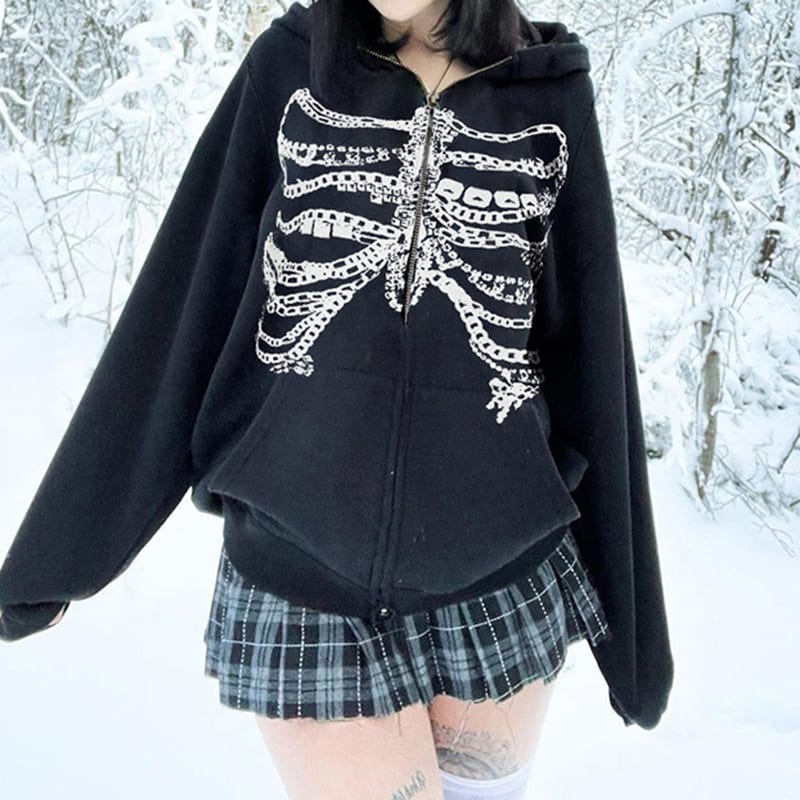 European And American Niche Dark Style Chain Bone Hooded Sweater view 4