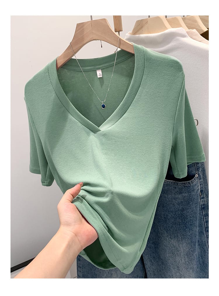V-neck Shoulder Short-sleeved T-shirt Women's Fashion Small Top view 2