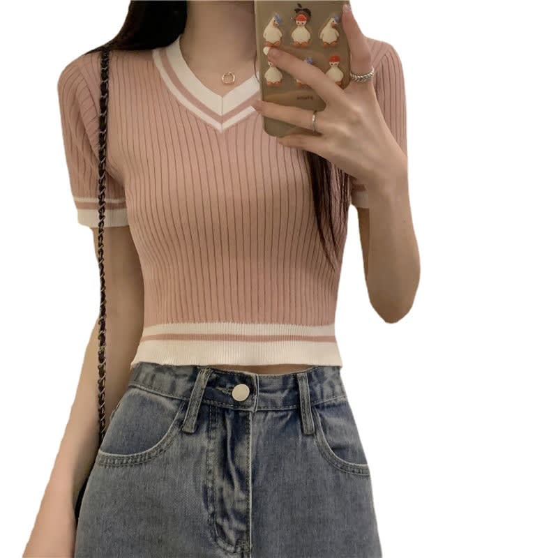 Short Slim-fit Contrast Colors V-neck Short Sleeve Knitwear T-shirt view 5