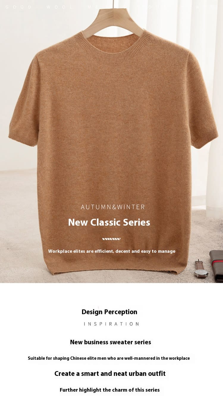 Knitted Short Sleeve Pure Wool Sweater Men's Round Neck view 6
