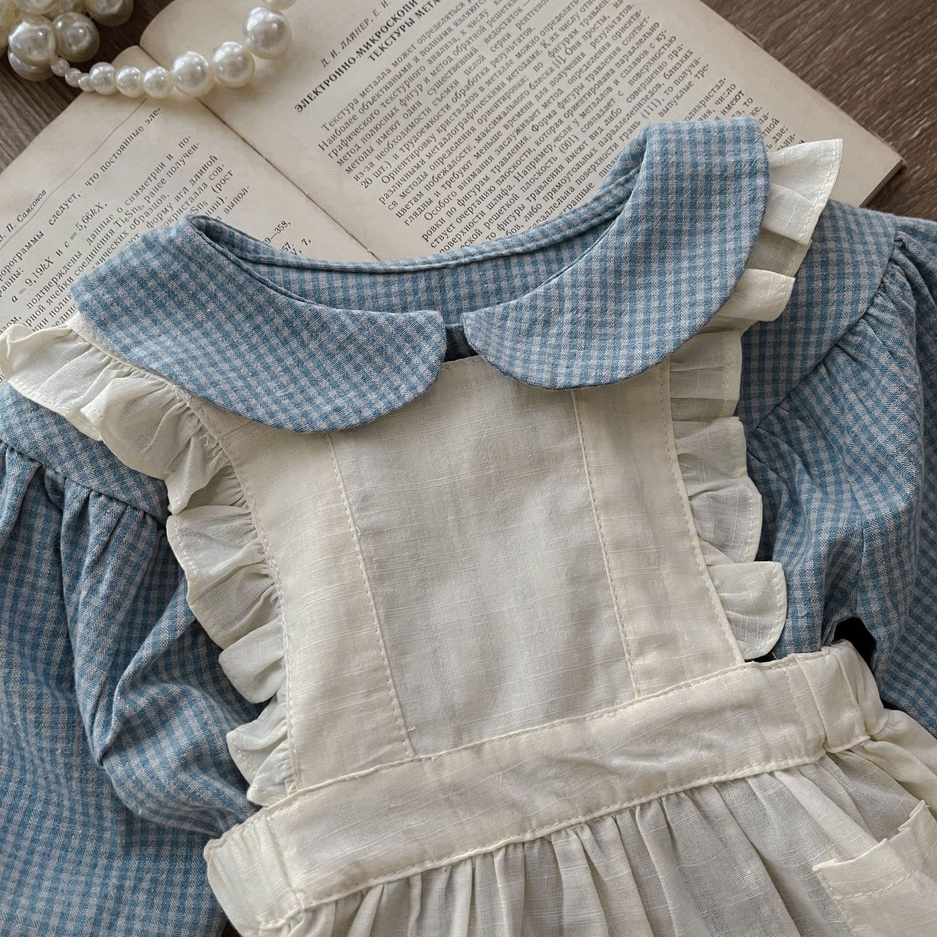 Infant Single-breasted Long Sleeve Small Plaid Romper Sling Small Overskirt view 6