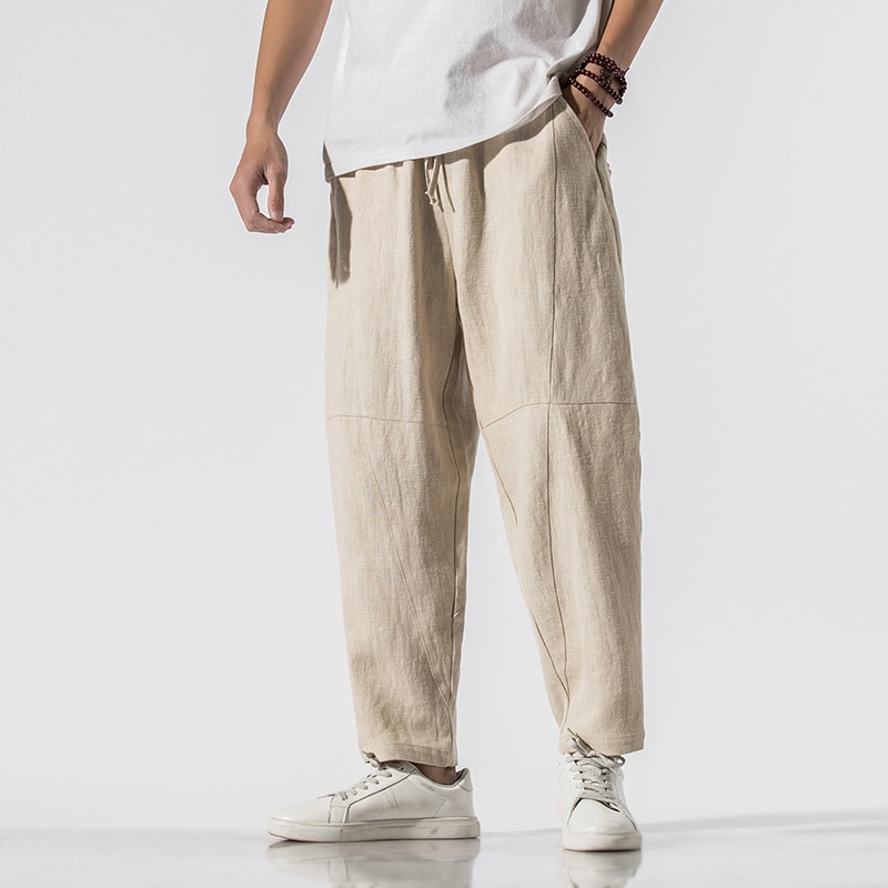 Summer Thin Linen Ankle Length Pants Men's Chinese Style Loose Wide Leg view 3