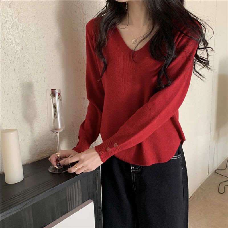 All-match V-neck Long-sleeved Bottoming Sweater For Women view 5