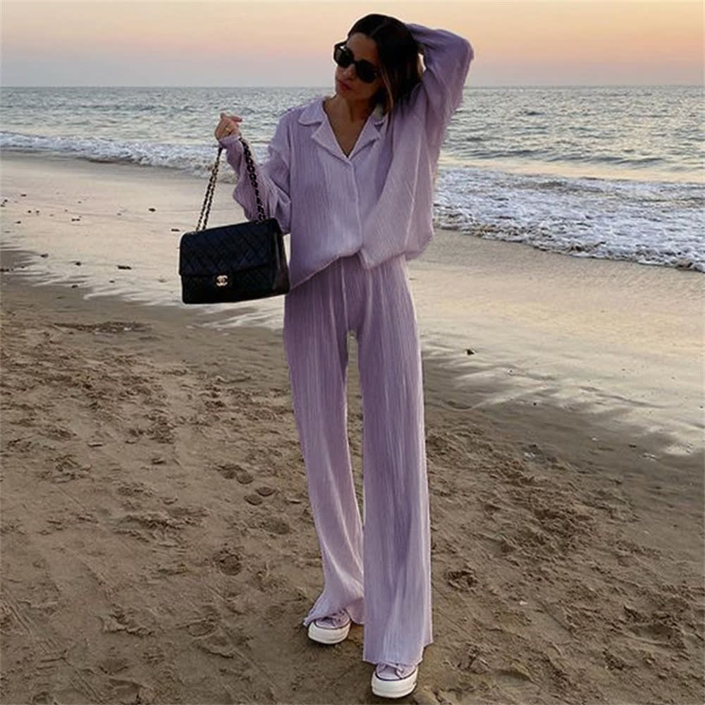 Pleated Design Shirt Outfit Straight-leg Trousers Loose Drooping Two-piece Set view 9