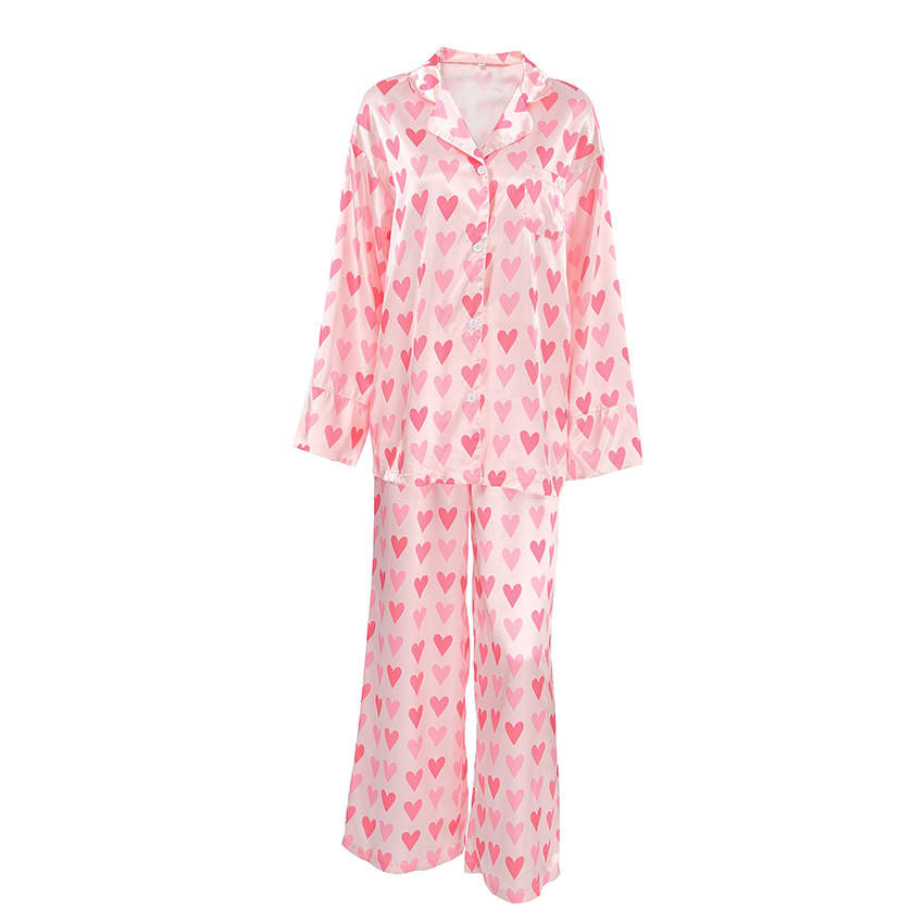 Heart Printing Cardigan Long Sleeve Pants Pajamas Two-piece Set view 2