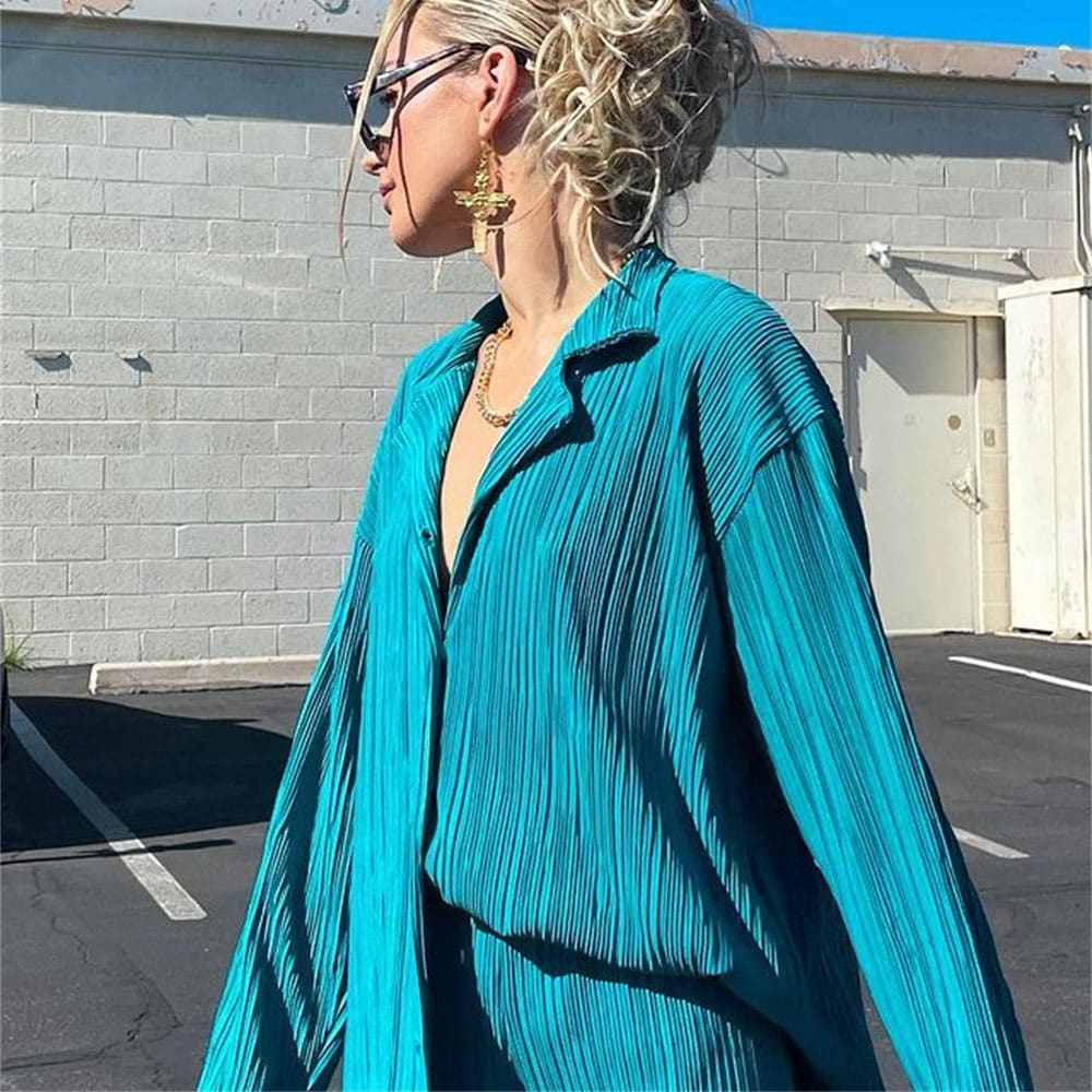Pleated Design Shirt Outfit Straight-leg Trousers Loose Drooping Two-piece Set view 16