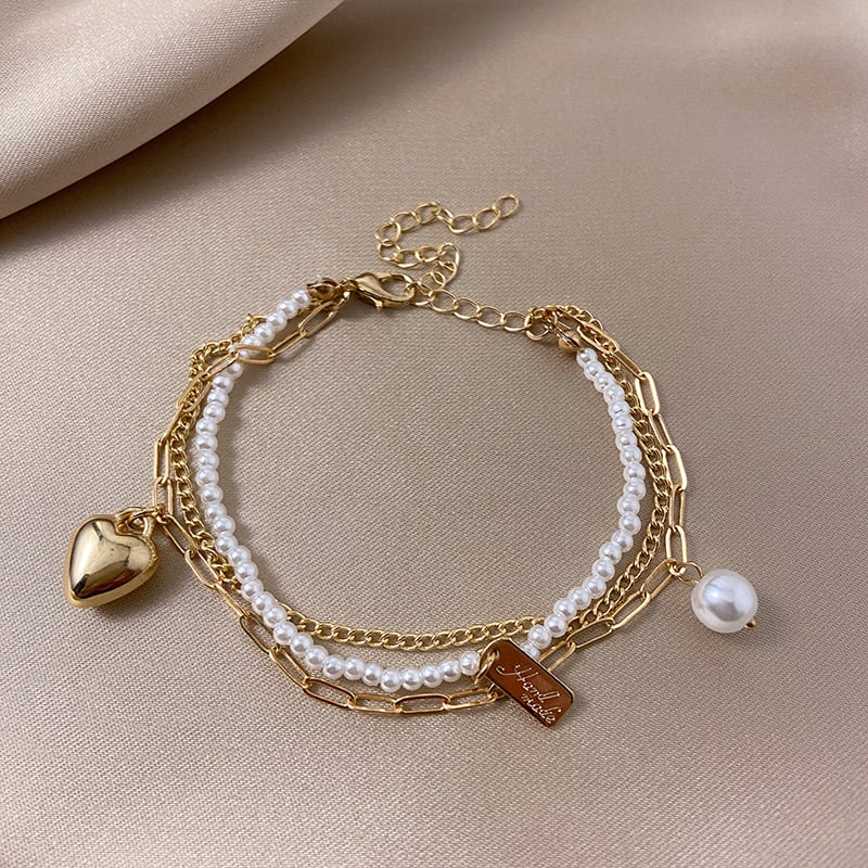 Alloy Beads Retro Simple Double Layers Loving Heart Pearl Bracelet view 15