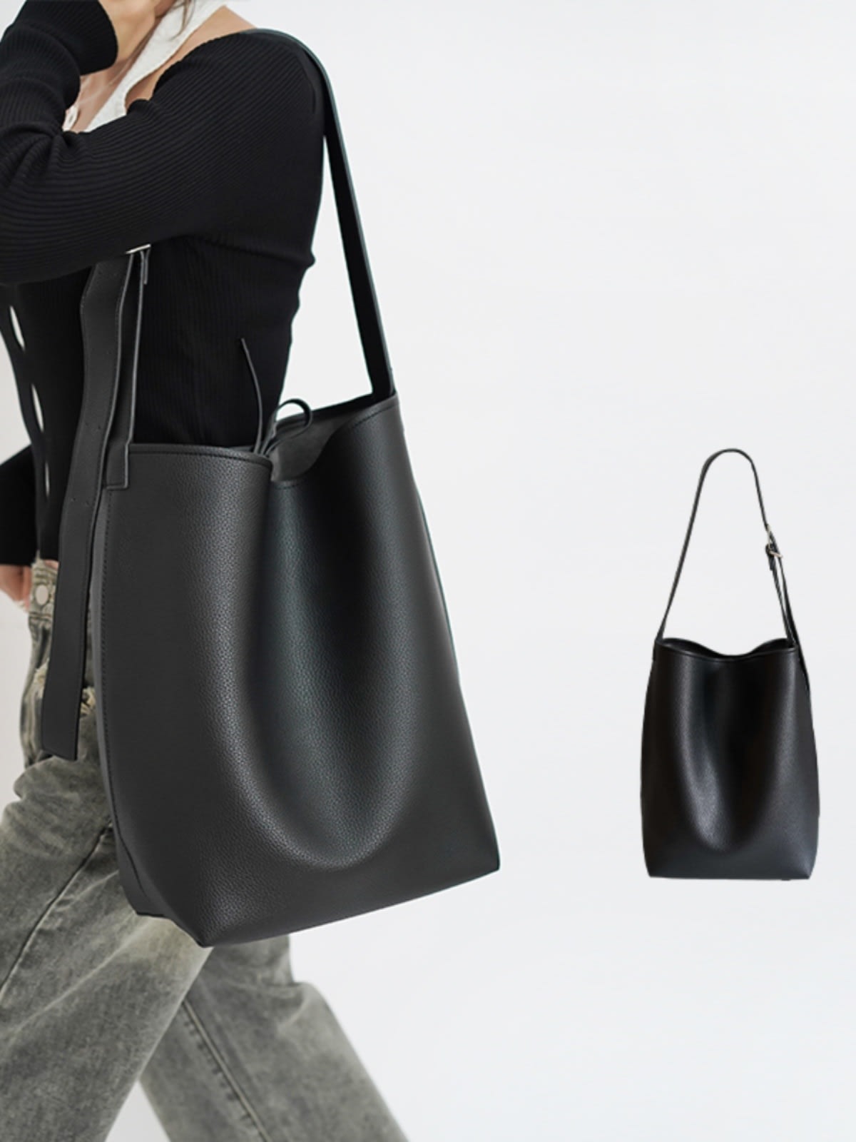 Large Capacity Solid Color Simple Lychee Pattern Bucket Bag view 15